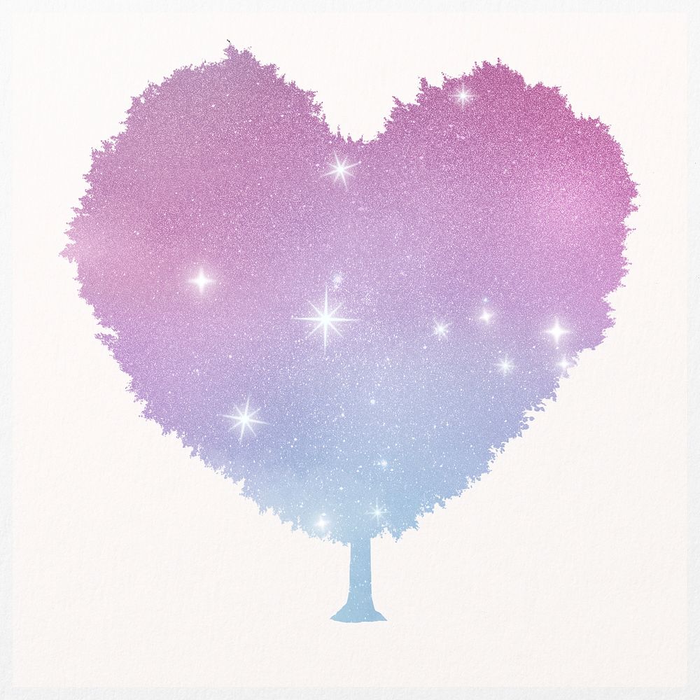 Holographic tree, aesthetic design isolated on white, heart shape design psd