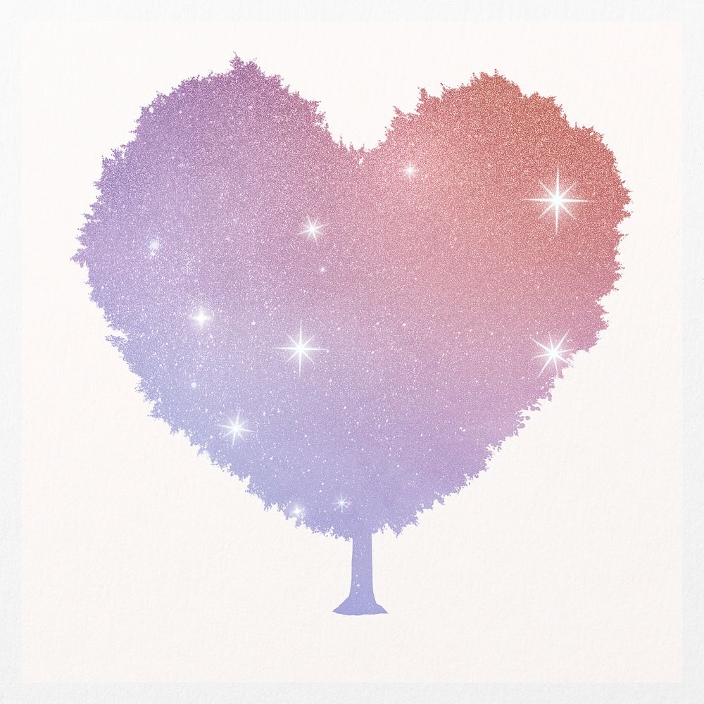 Aesthetic holographic tree isolated on white, heart shape design