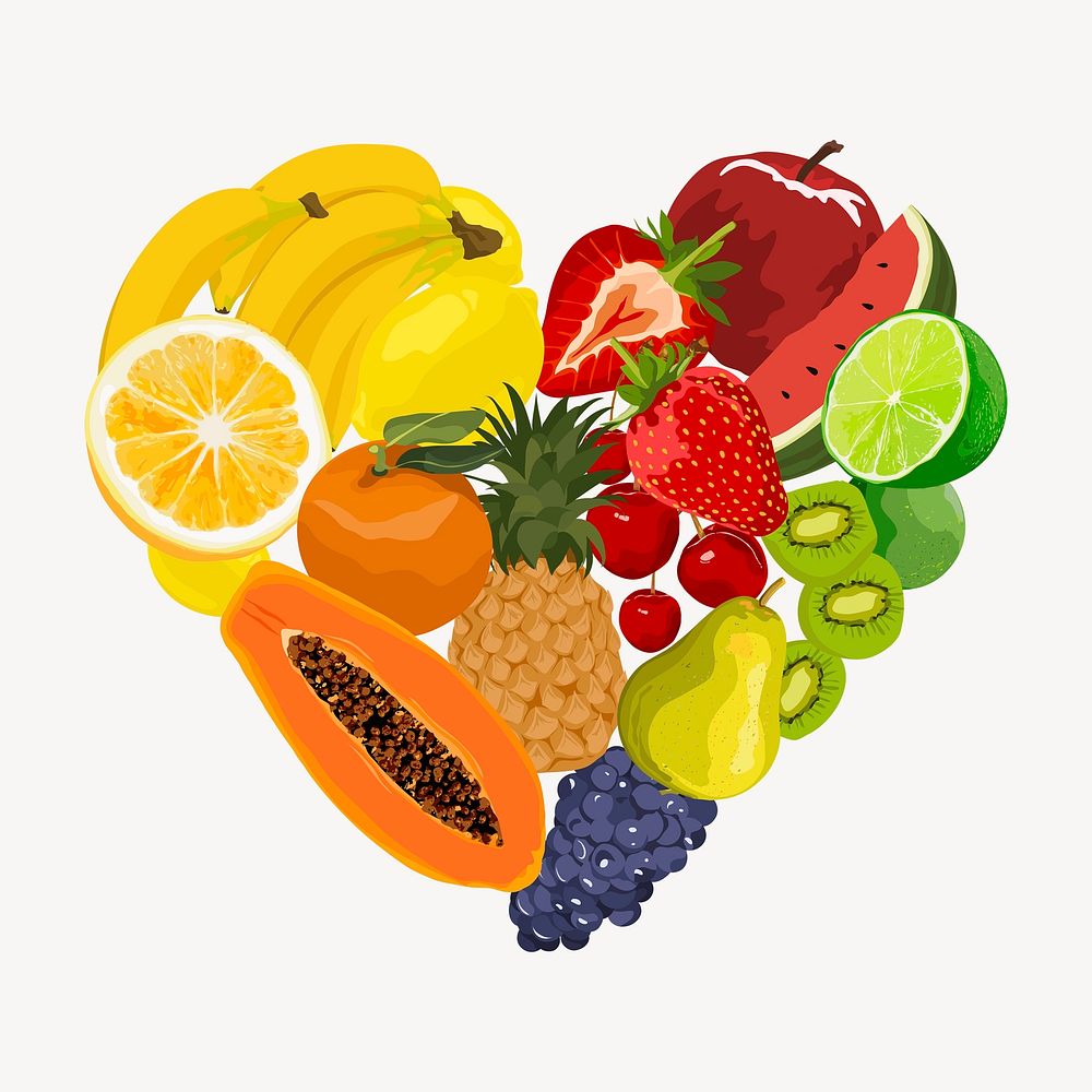 Cute fruits clipart, heart shape design psd
