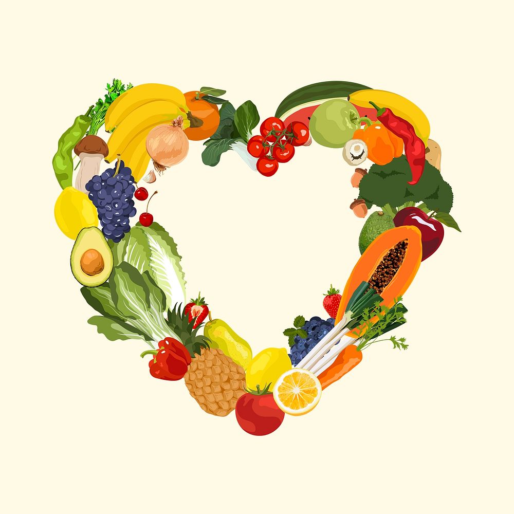 Fruits & vegetables frame, heart shape illustration design vector
