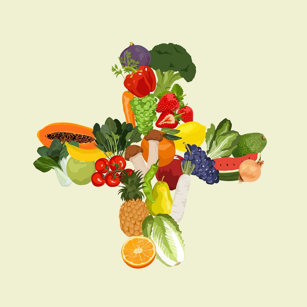 Fruits & vegetables clipart, healthy food illustration design psd