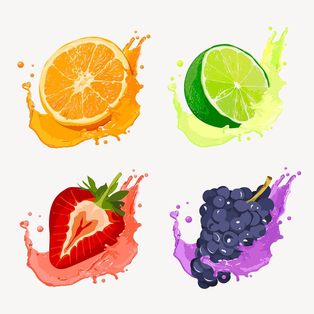 Fruit splash cliparts cute illustration design set psd