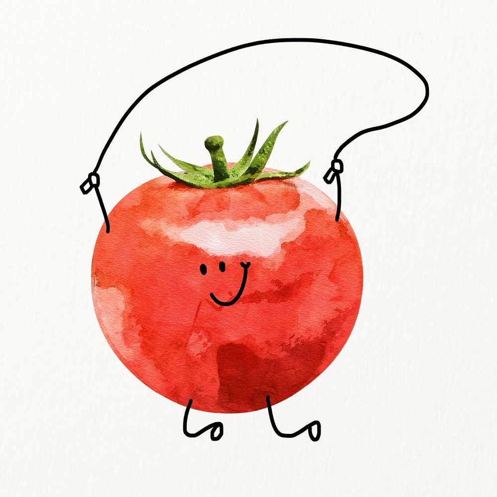 Cute smiling tomato cartoon clipart, rope jumping vegetable illustration 