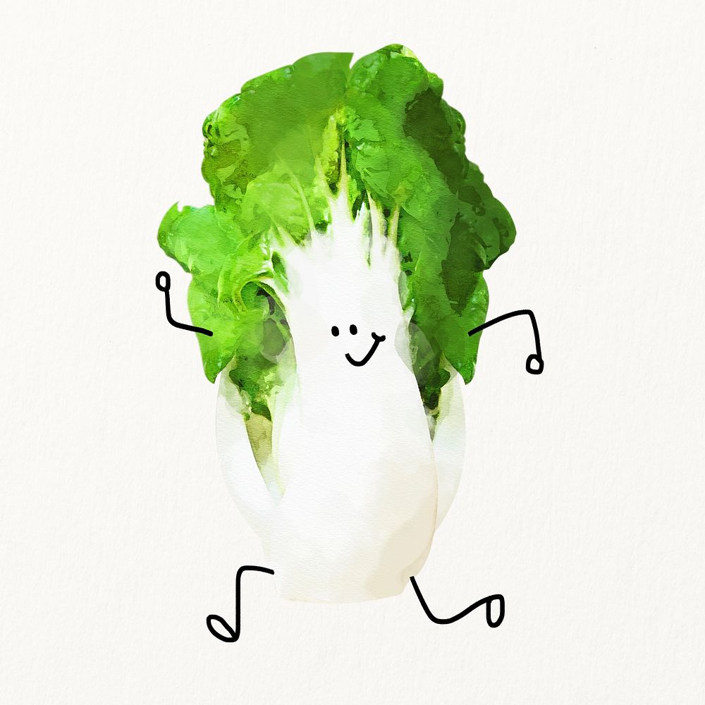 Cute smiling Chinese cabbage cartoon clipart, running vegetable illustration