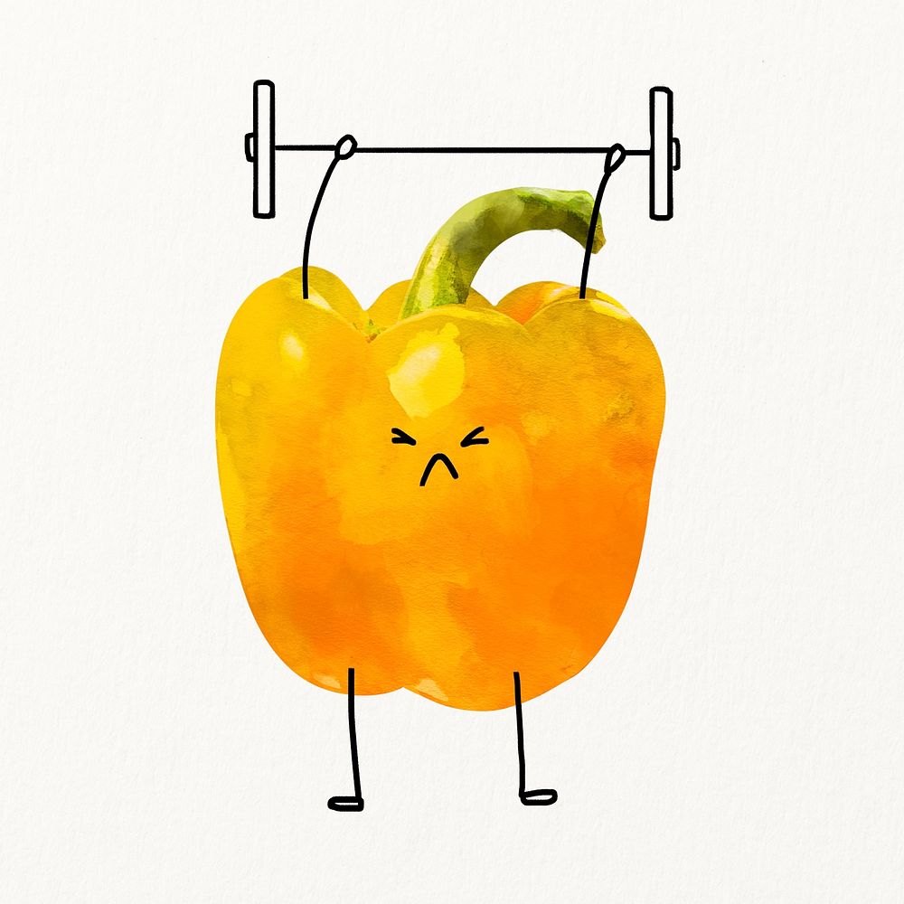 Cute bell pepper cartoon clipart, weight lifting vegetable illustration