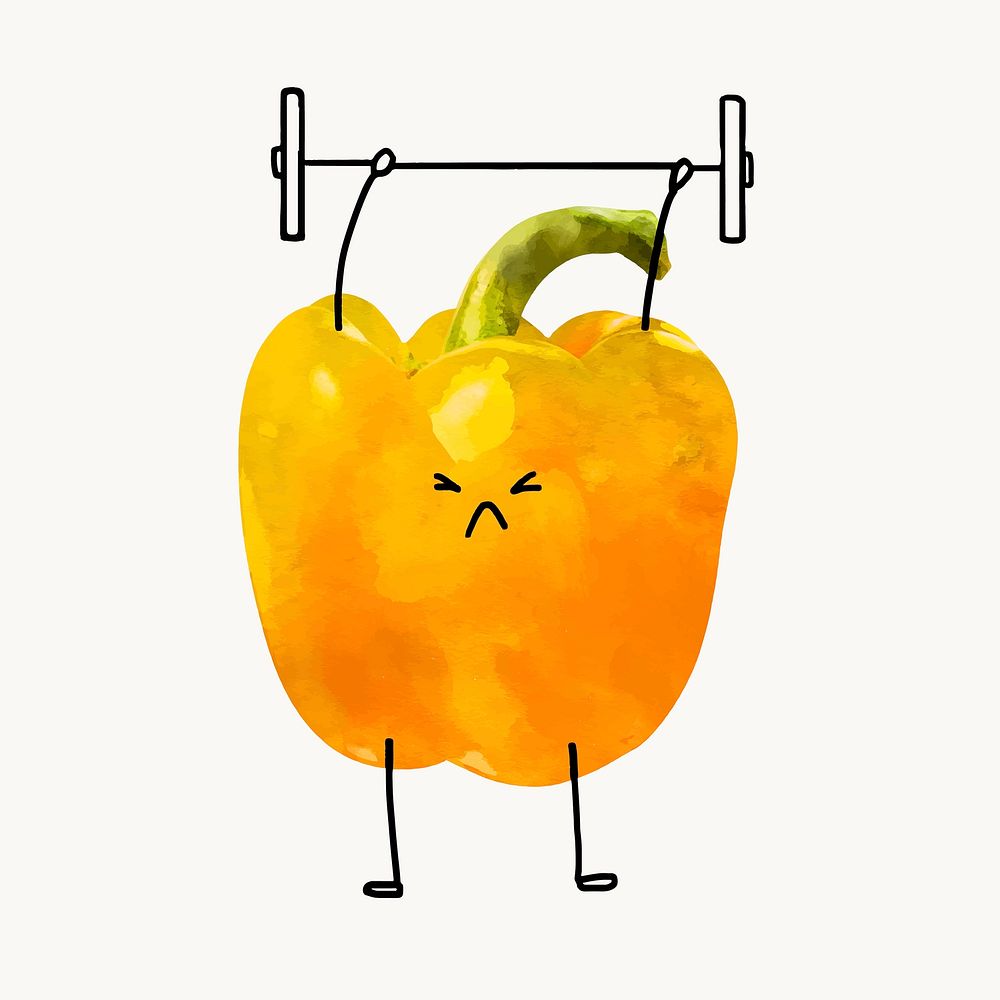 Cute bell pepper cartoon clipart, weight lifting vegetable illustration, vector art 