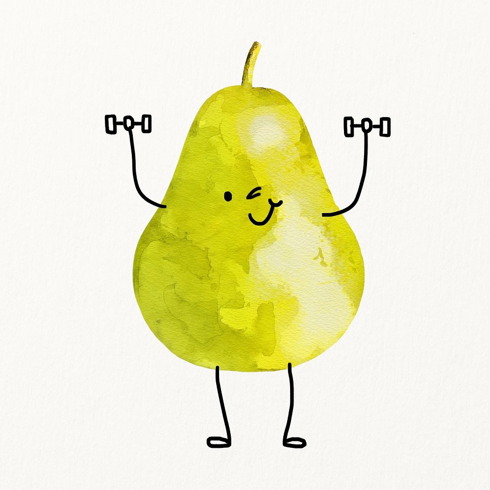 Cute smiling pear cartoon clipart, fruit lifting dumbbells illustration