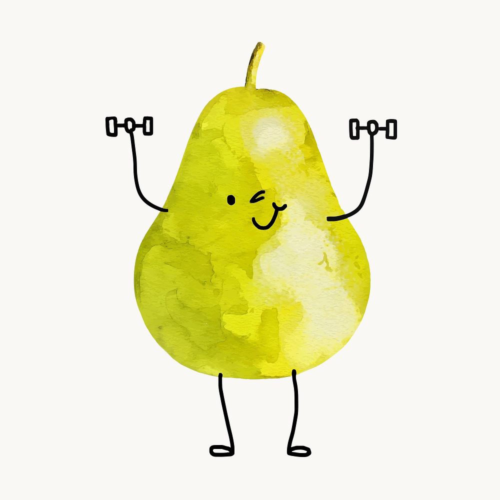 Cute smiling pear cartoon clipart, fruit lifting dumbbell illustration, vector art painting