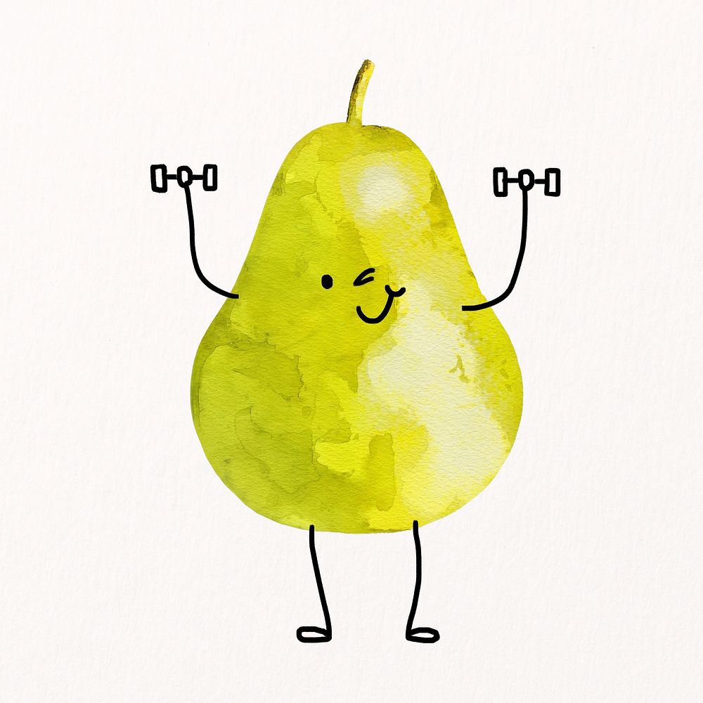 Cute smiling pear cartoon clipart, fruit lifting dumbbell illustration, psd drawing