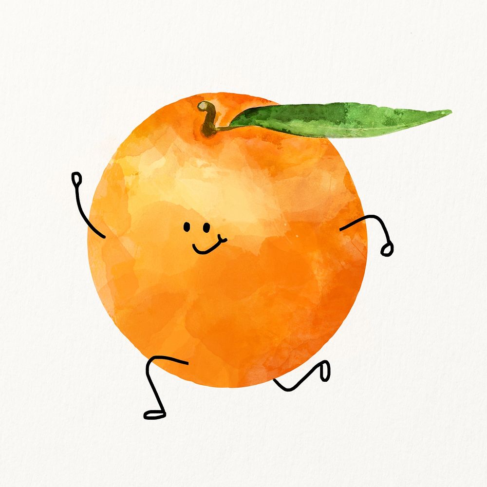 Cute smiling orange cartoon clipart, running fruit illustration