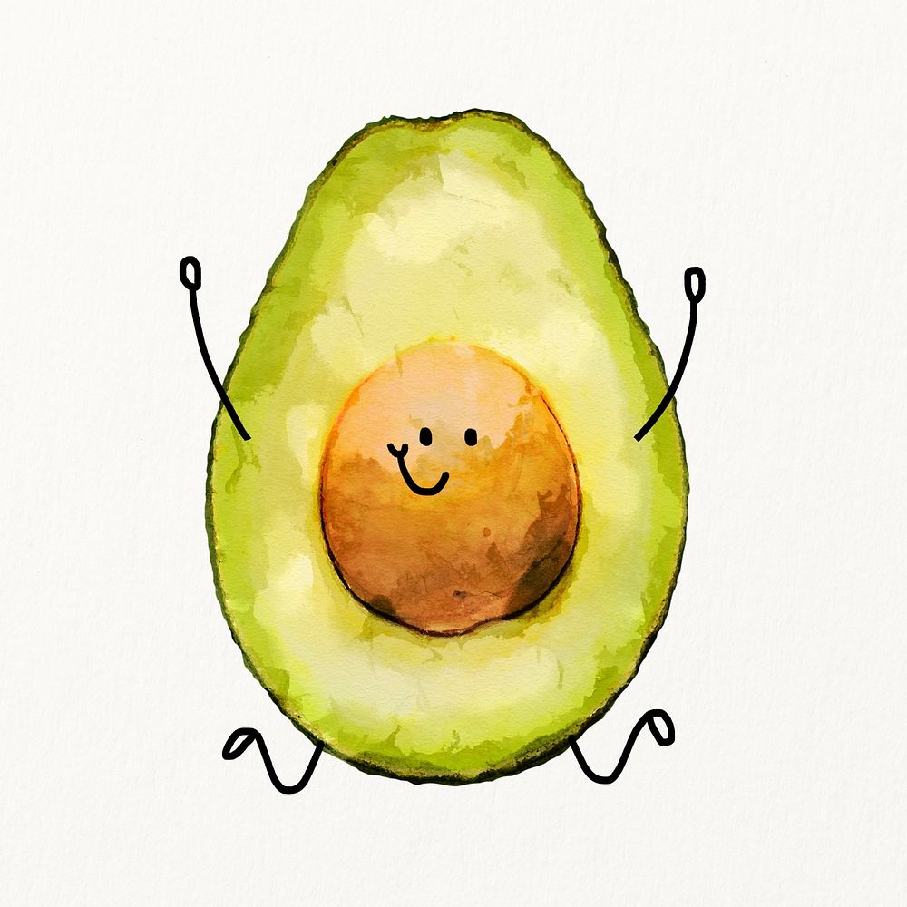 Cute smiling avocado cartoon clipart, dancing fruit illustration