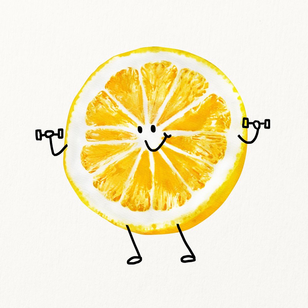 Cute smiling lemon cartoon clipart, fruit lifting dumbbells illustration