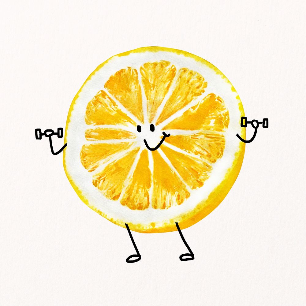 Cute smiling lemon cartoon clipart, fruit lifting dumbbells illustration, psd drawing