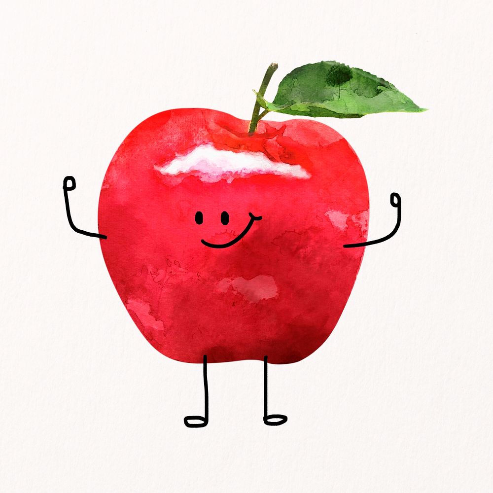 Cute smiling apple cartoon clipart, fruit flexing illustration, psd drawing