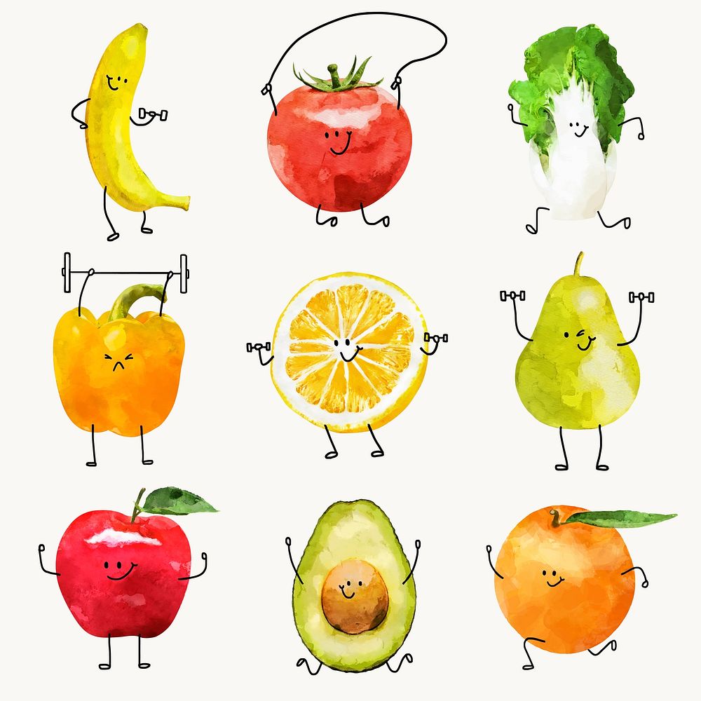Cute smiling fruit vegetable cartoons clipart illustration collection vector