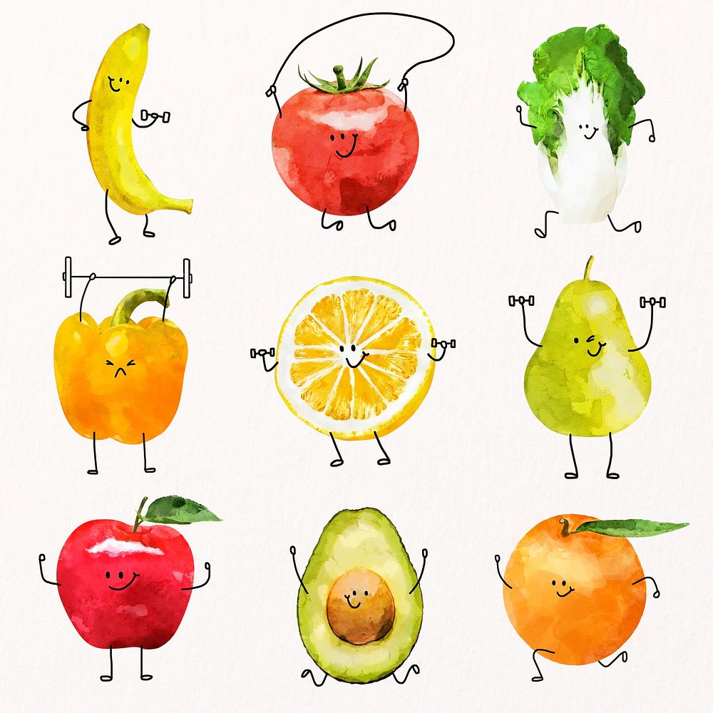 Cute smiling fruit vegetable cartoons clipart illustration collection psd