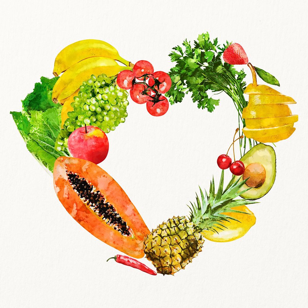 Watercolor heart frame, superfood with fruits and vegetables 