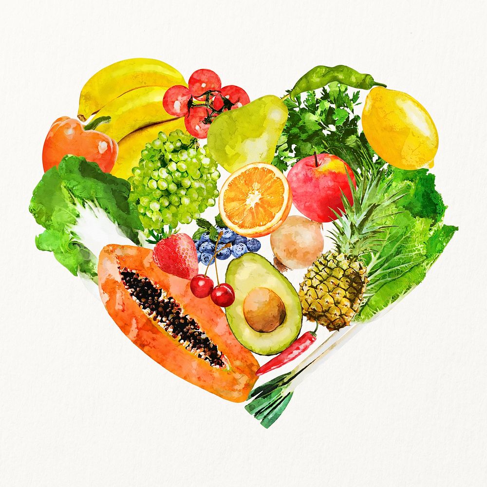Watercolor superfood clipart, fruits, vegetables in heart shape