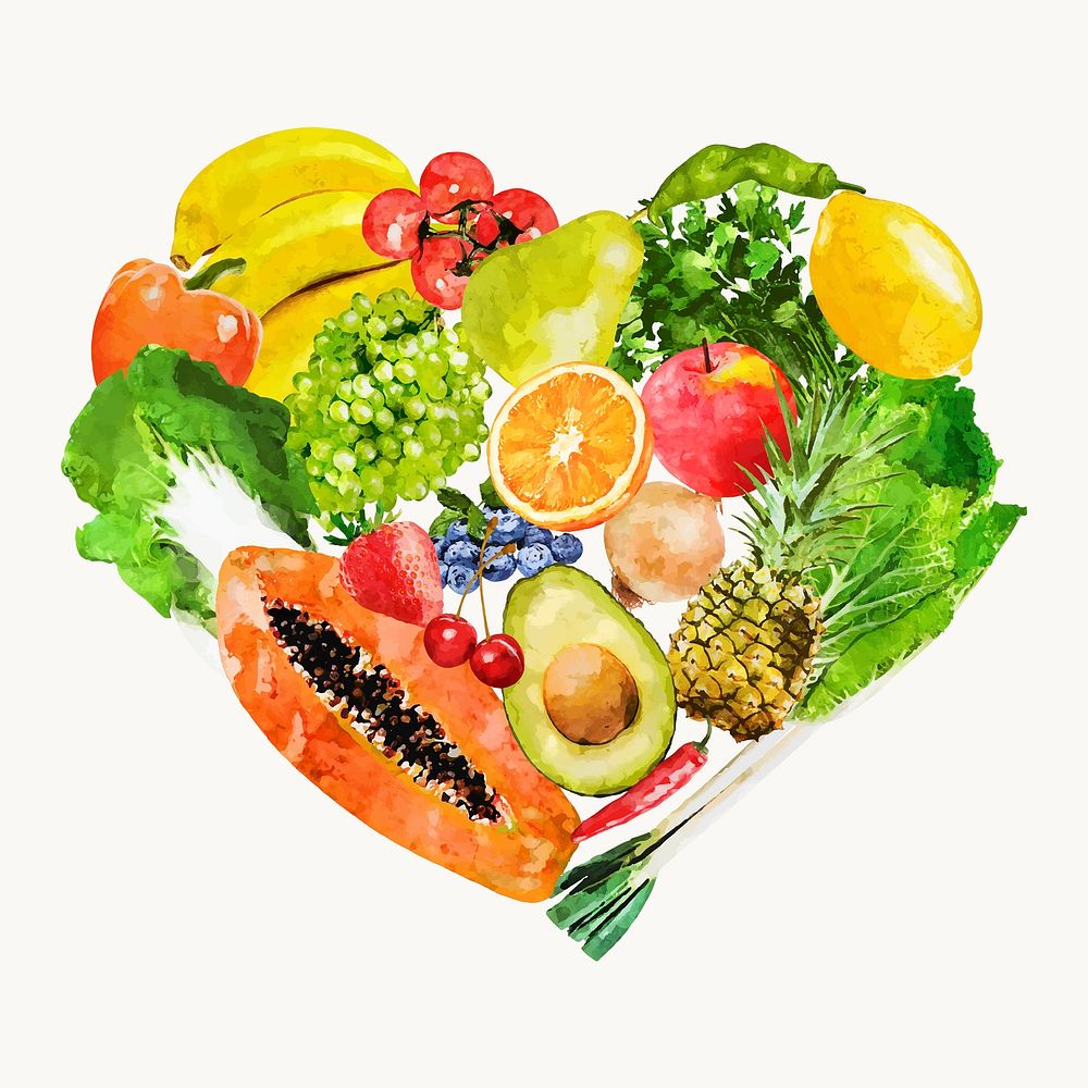 Watercolor superfood sticker, fruits, vegetables in heart shape vector