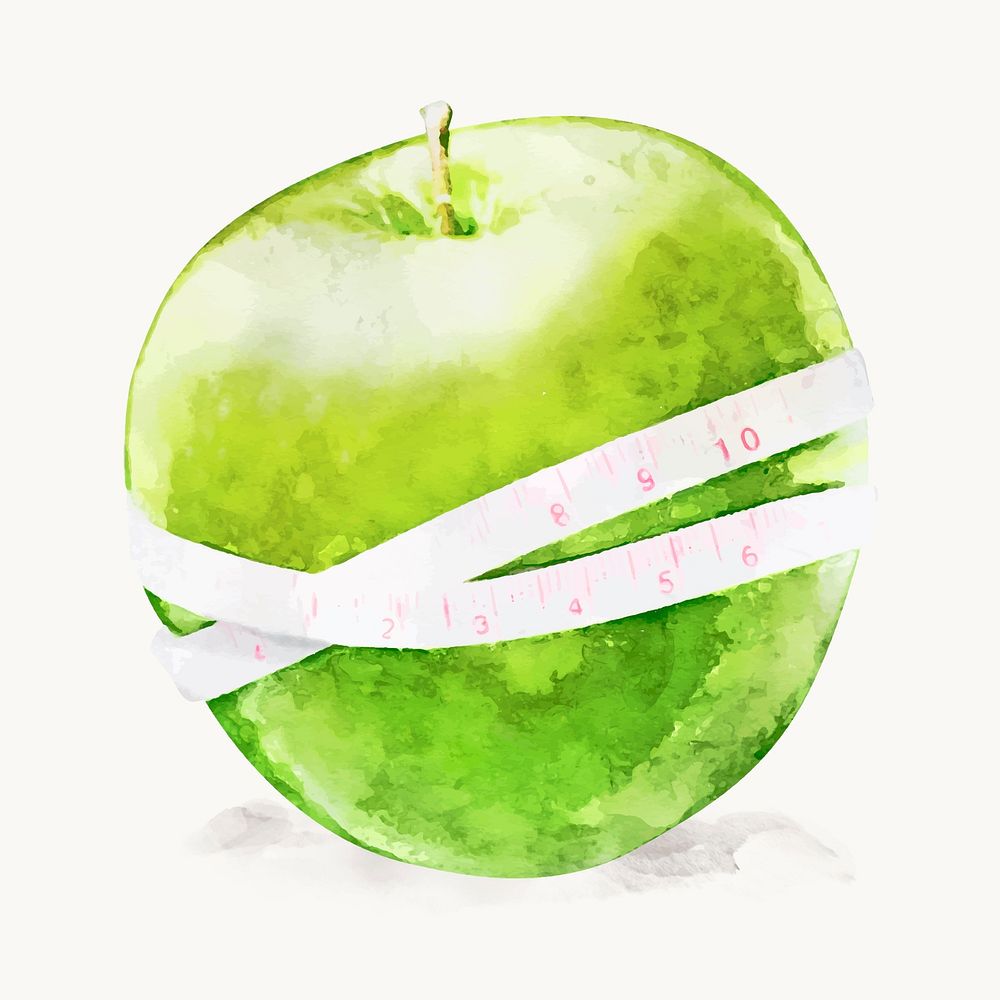 Watercolor green apple clipart, diet fruit illustration vector art