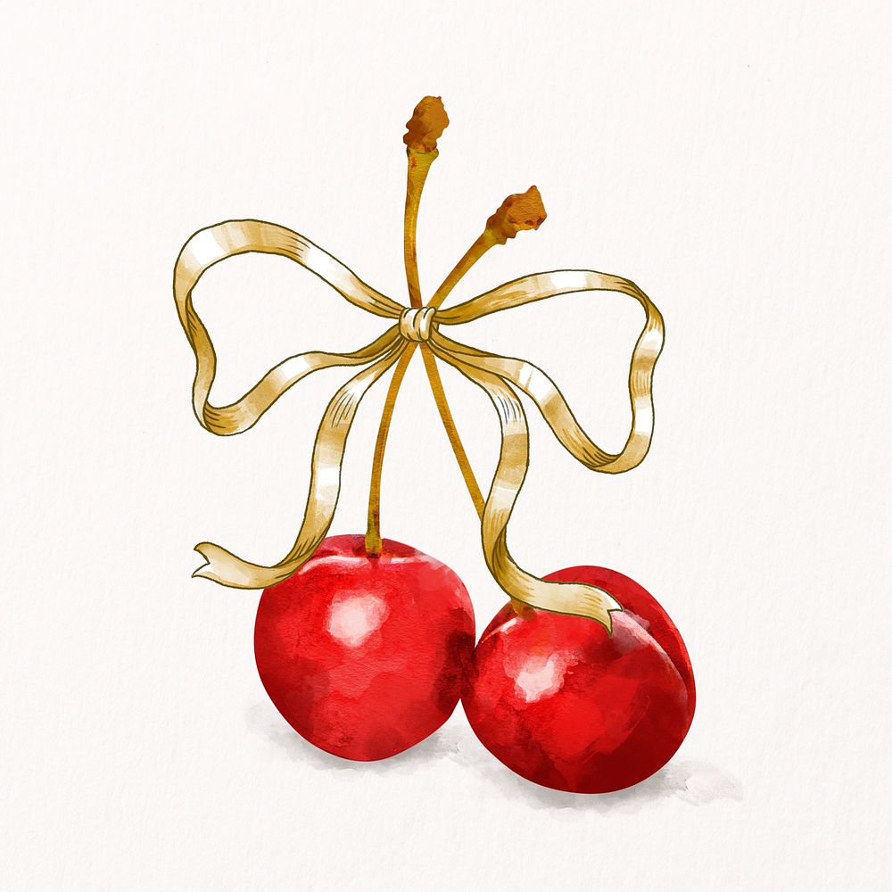 Bow cherry sticker, watercolor fruit psd