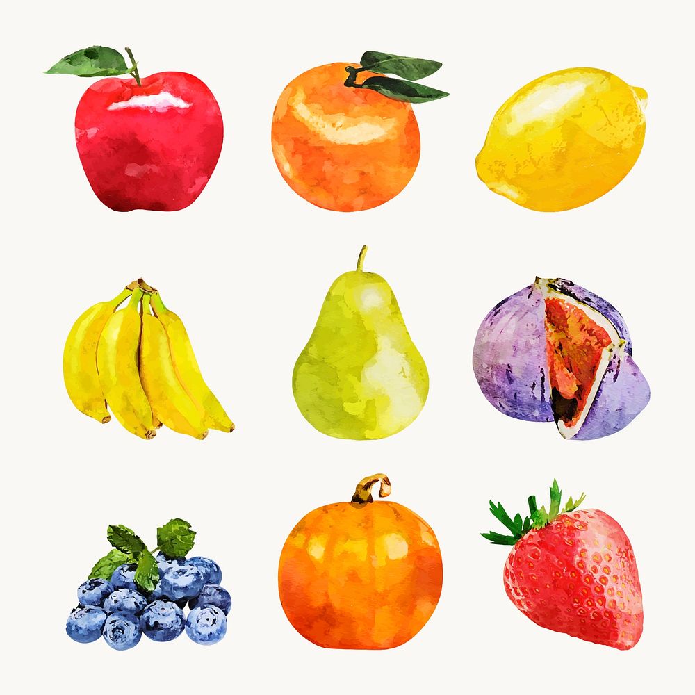 Aesthetic fruits sticker, watercolor food vector set