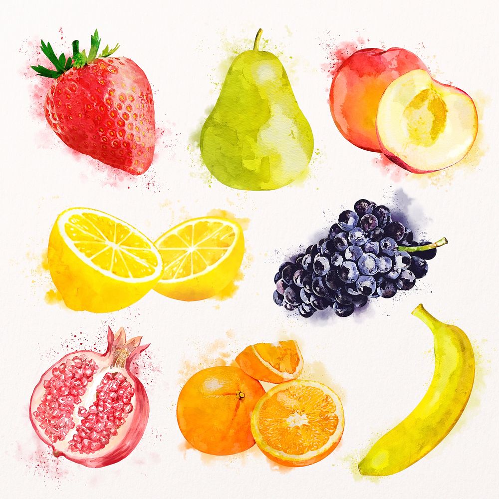 Aesthetic fruits sticker, watercolor food psd set