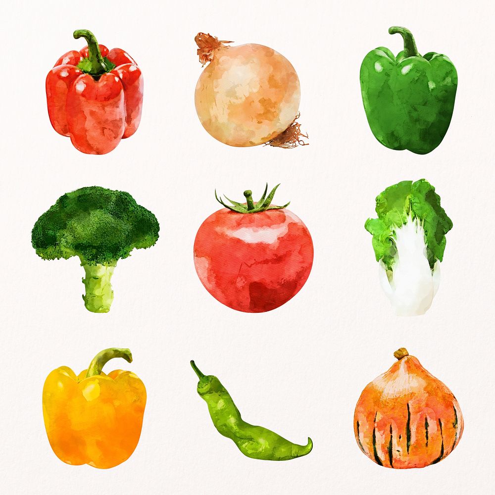 Watercolor vegetable clipart, variety ingredients vegetable illustration psd