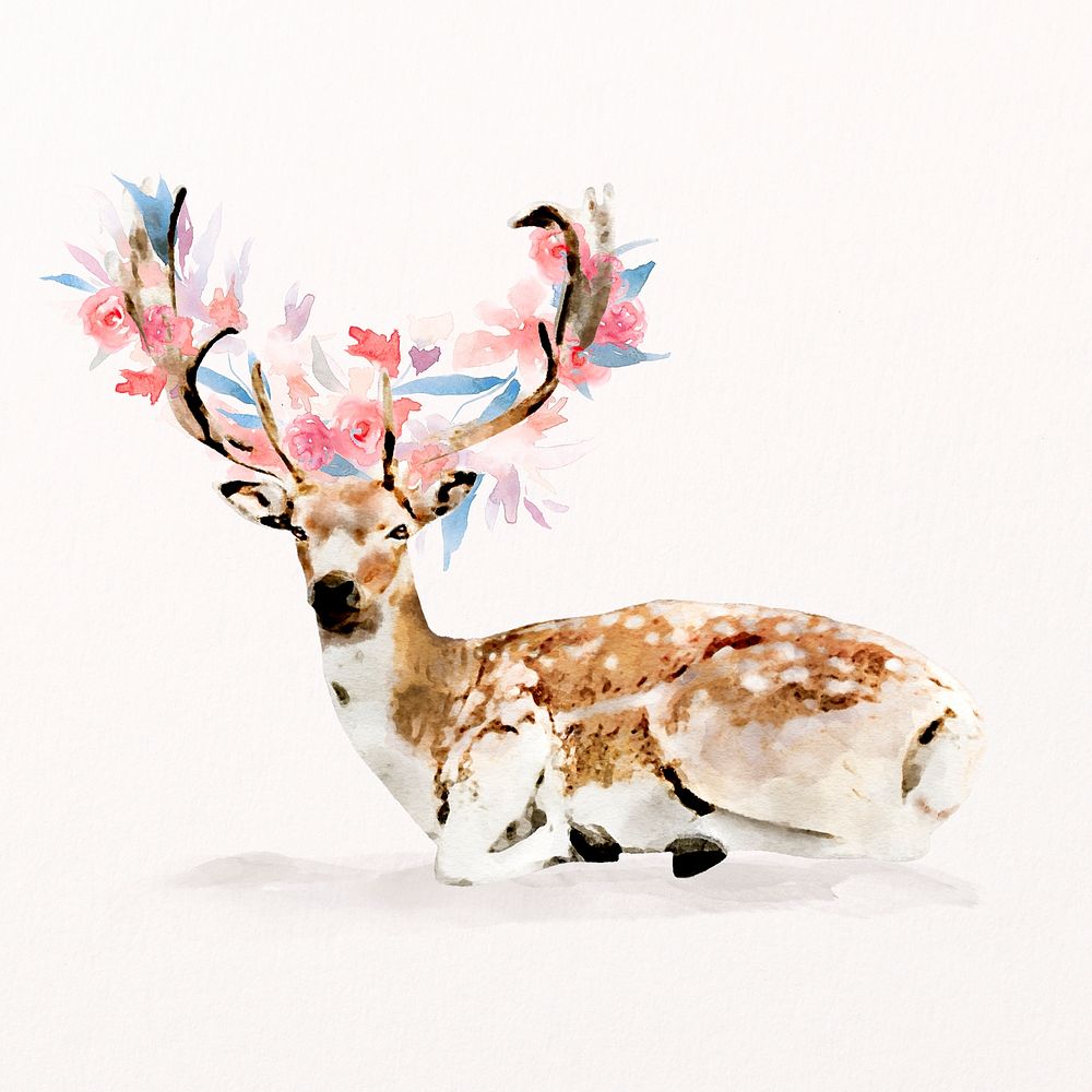 Deer with flower antlers watercolor illustration, animal design psd