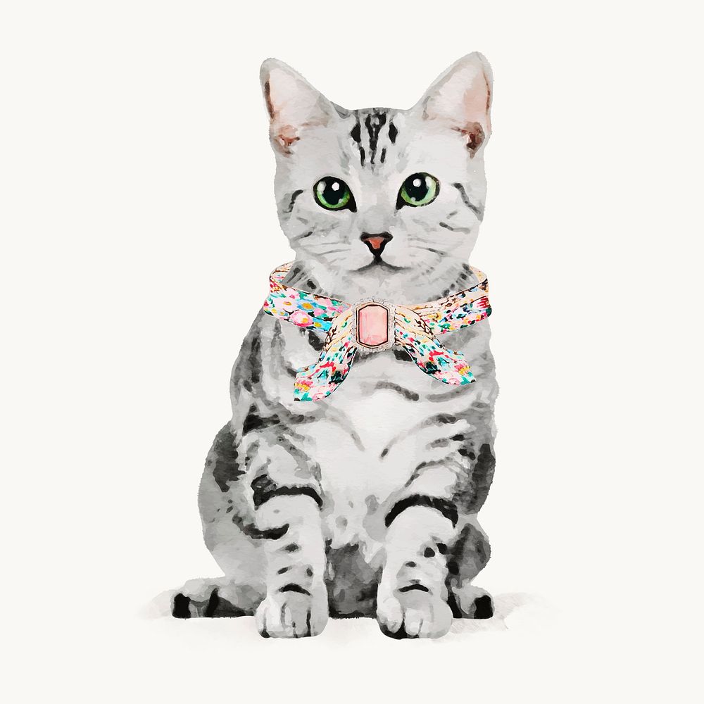 Watercolor cat with collar illustration, animal design vector