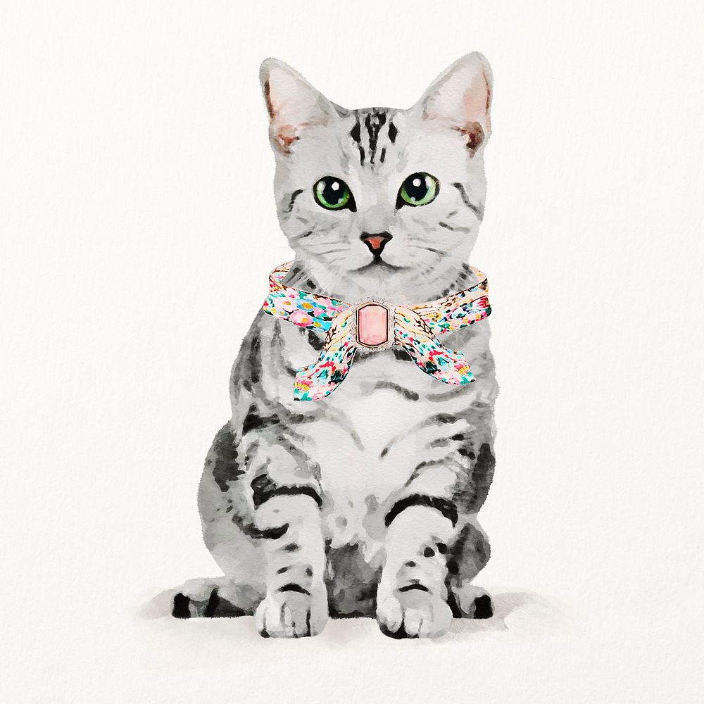 Cat with collar illustration, animal watercolor design