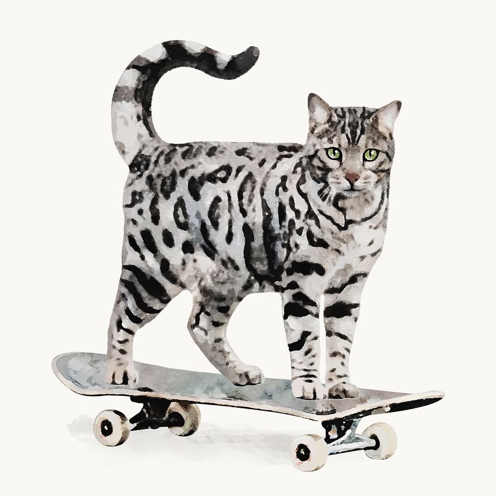 Watercolor cat on skateboard illustration, animal design vector