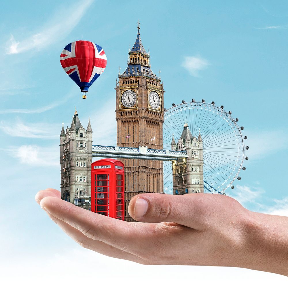 United Kingdom's famous attractions presented by woman's hand, travel agency remixed media psd