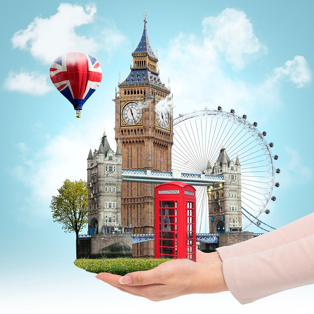 United Kingdom's famous attractions presented by woman's hand, travel agency remixed media psd