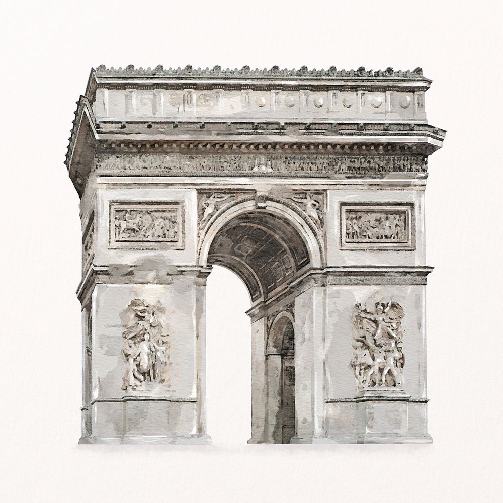 Arc de Triomphe watercolor illustration, Paris historical landmark psd