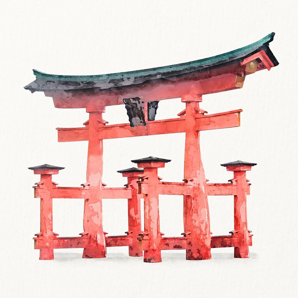 Kyoto Torii gate watercolor illustration, Japanese architecture