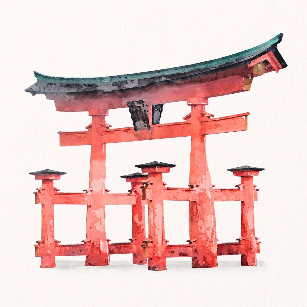 Kyoto Torii gate watercolor illustration, Japanese architecture psd
