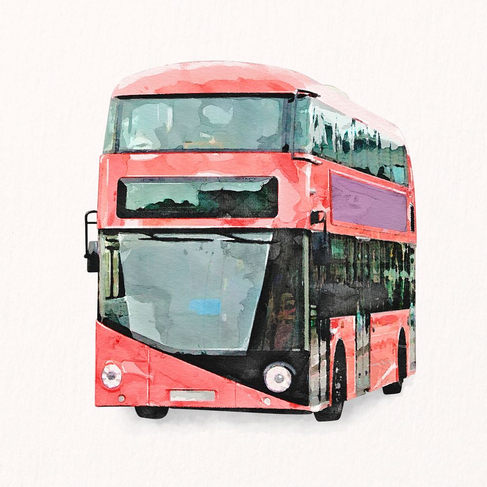 Double decker tour bus watercolor illustration, London's famous public transportation psd