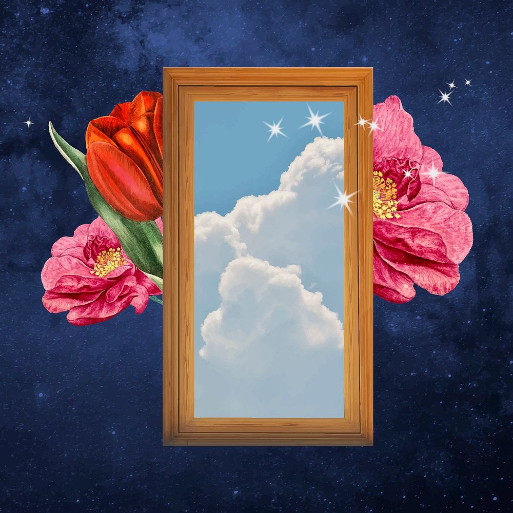Floral picture frame, surreal escapism collage art vector