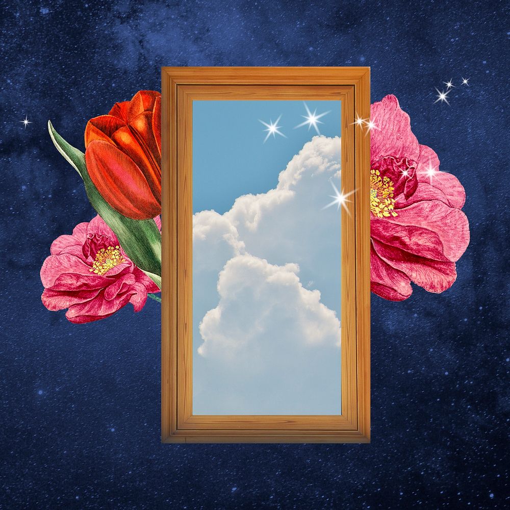 Floral picture frame, surreal escapism collage art psd