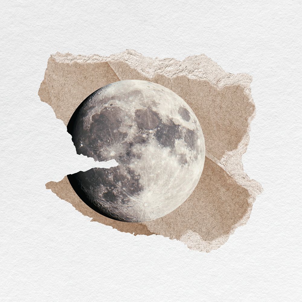 Moon clipart, ripped paper, surreal remixed media psd