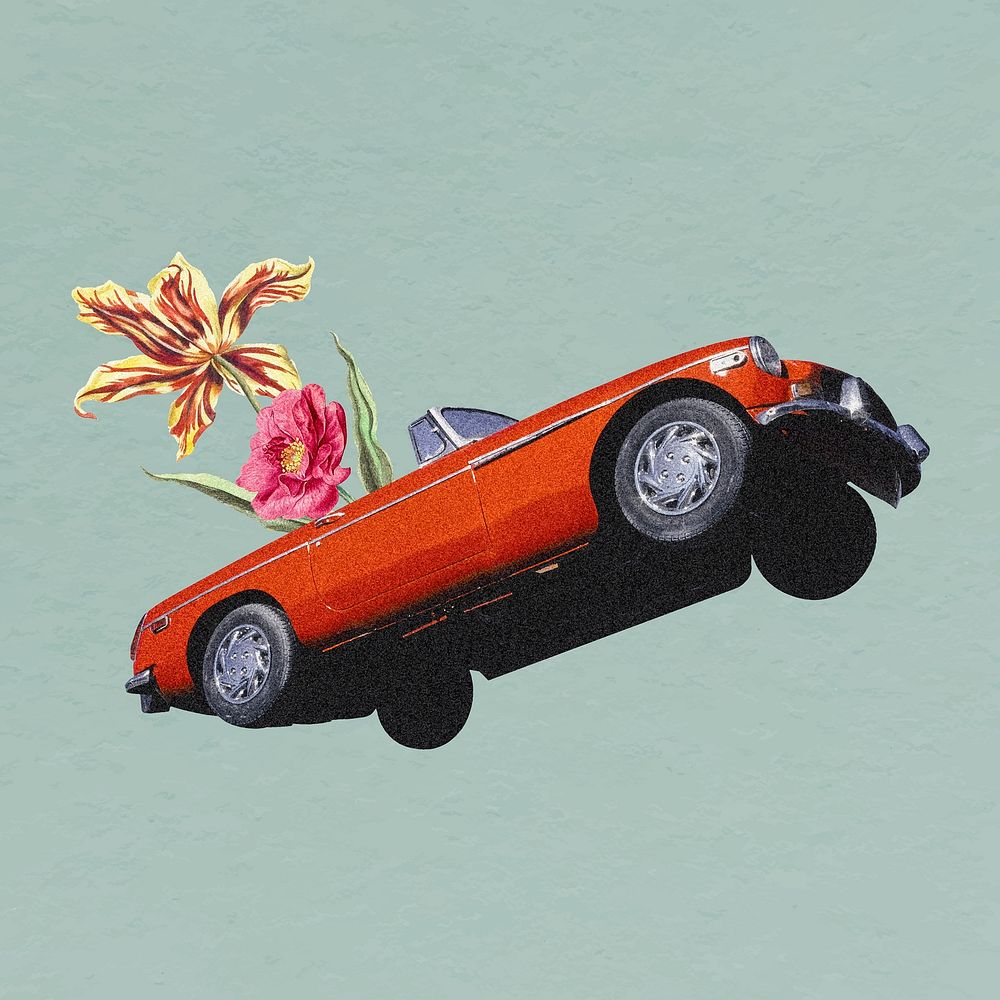 Floral classic car clipart, surreal vehicle remix vector