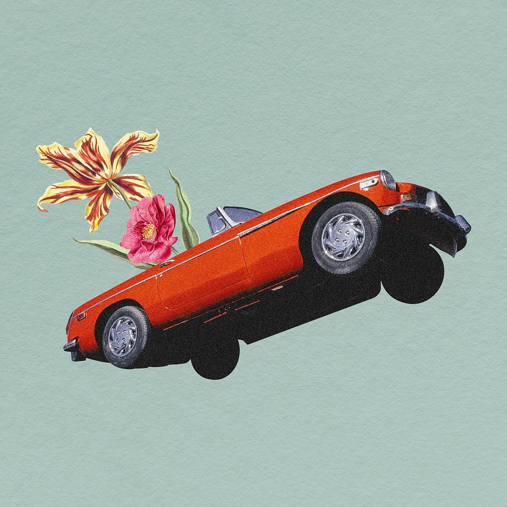 Floral classic car clipart, surreal vehicle remix psd
