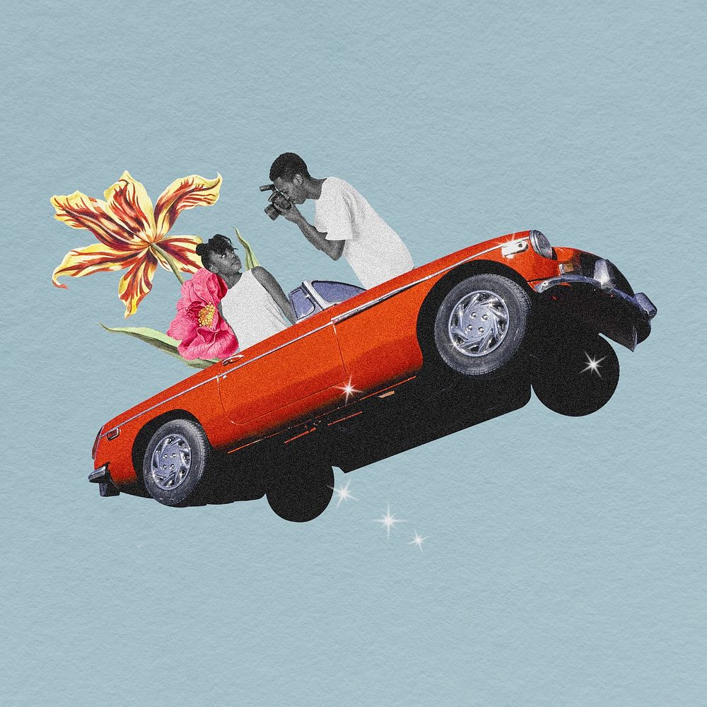 Floral convertible car clipart, retro futurism remixed media psd