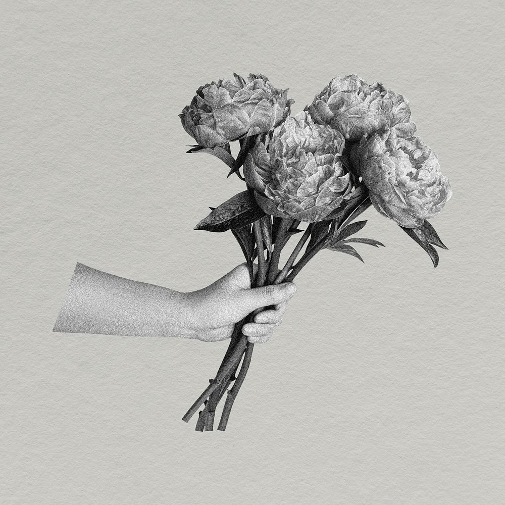 Hand holding peony bouquet, flower collage element in black and white psd