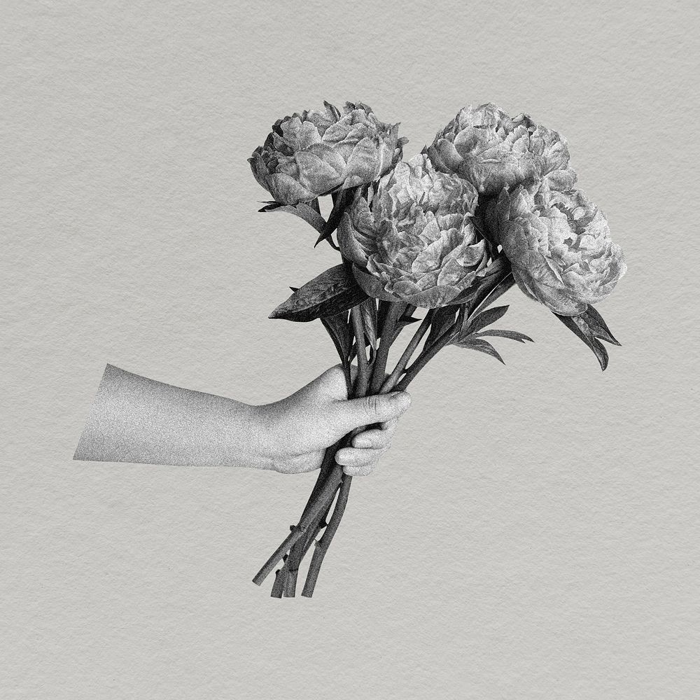 Hand holding peony bouquet, flower collage element in black and white