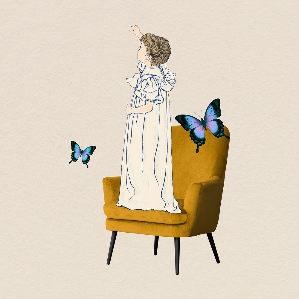 Girl standing on armchair clipart, surreal vintage remixed media psd