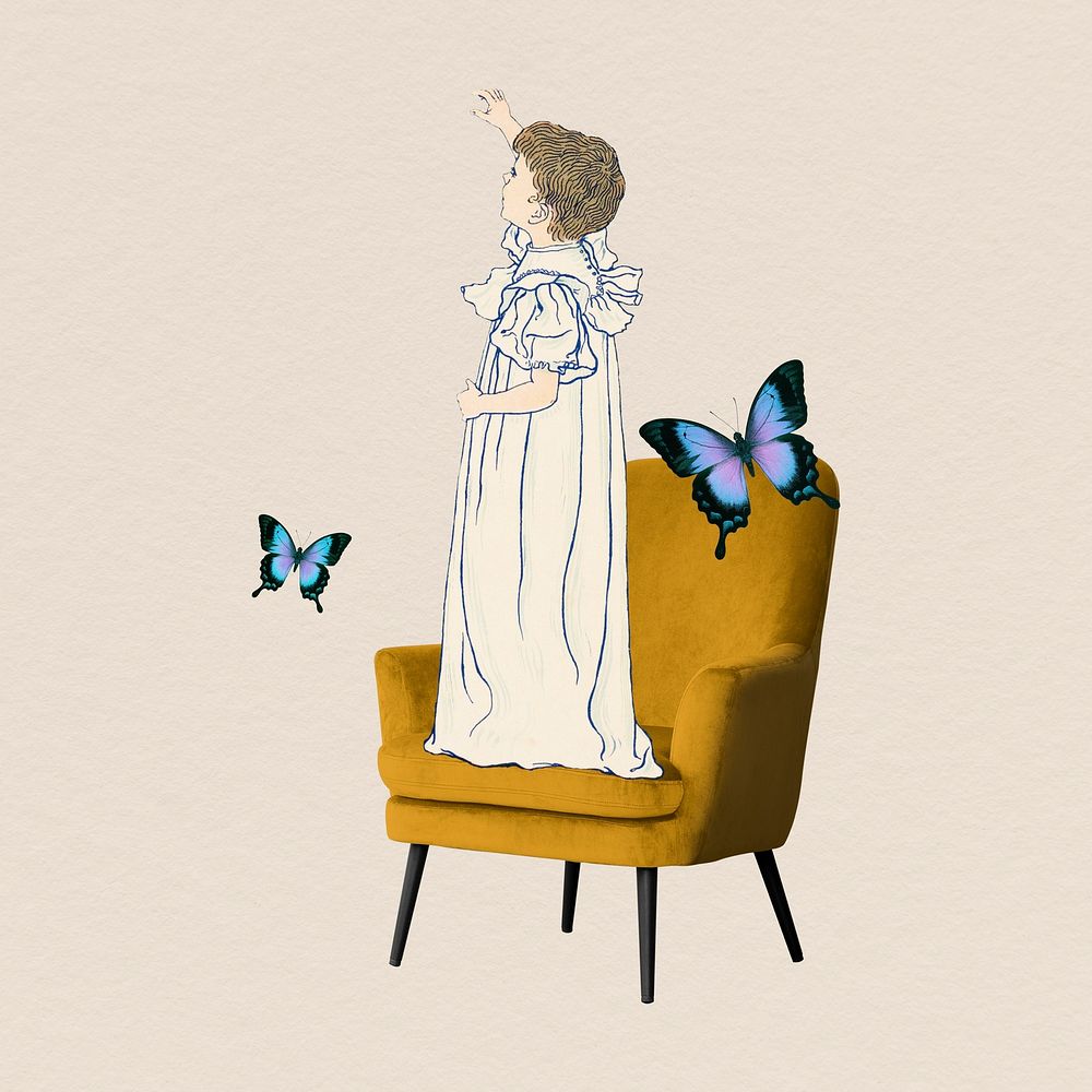 Girl standing on armchair clipart, surreal vintage remixed media