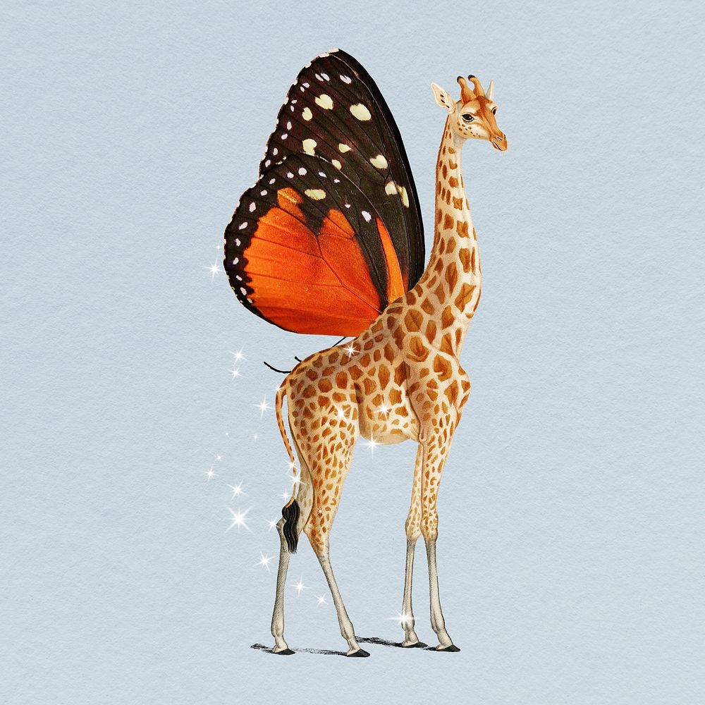 Butterfly winged giraffe sticker, surreal art with glitter psd
