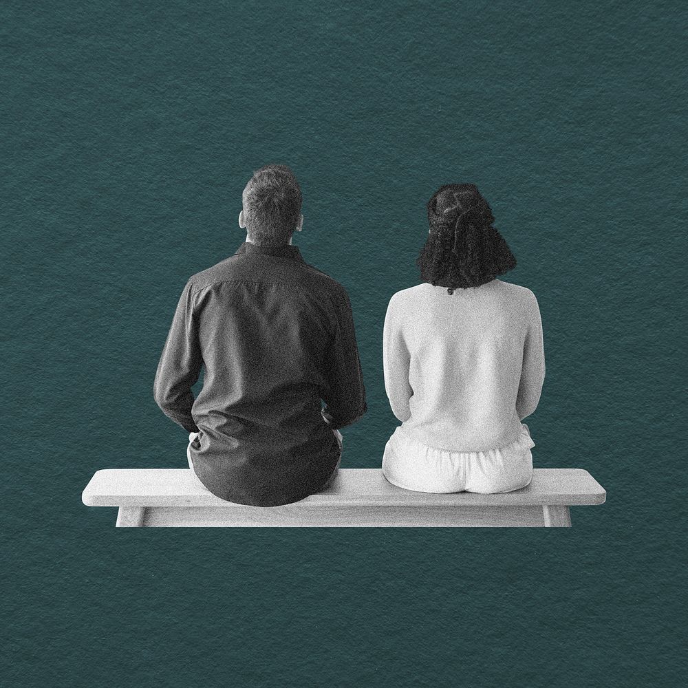 Couple sitting clipart, rear view collage element